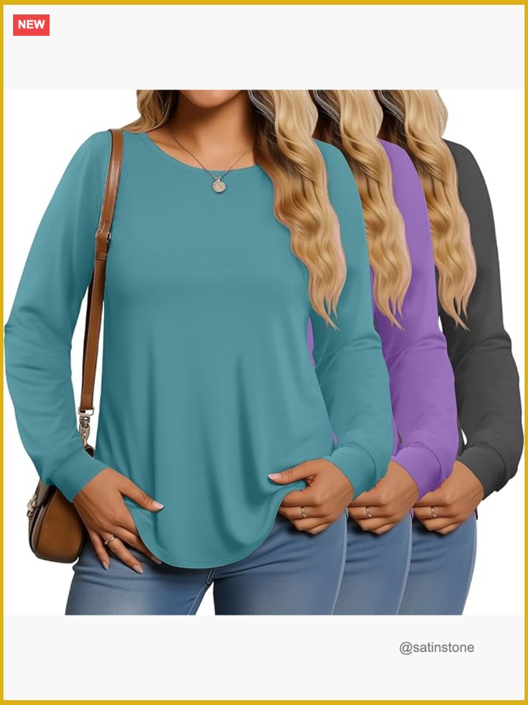 3 Pack Women's Long Sleeve Tunic Tops, Crewneck, Curved Hem, Loose Fit